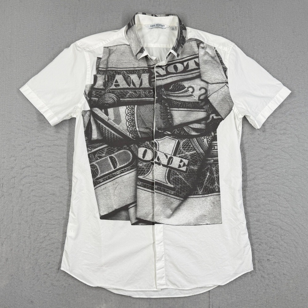 Neil Barrett Mens Shirt Slim Fit 16/41 White Dollar Bill Graphic Short Sleeve